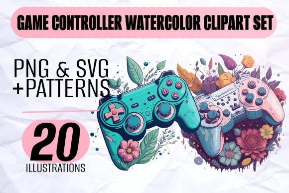 Watercolor Game Controller Clipart Set: Graphics & Print Templates
